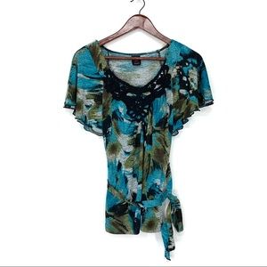 Vintage Y2K Embroidered Watercolor Flutter Sleeve Belted Knit Blouse Size Small